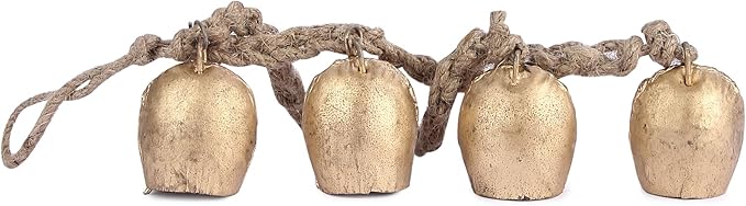 Decorative Cow Bell,15.5" Hanging Bells Chime, Rustic Antique Brass Finish Metal Bells with Jute Rope, Tibetan Inspired Farmhouse Vintage Cascading Bells for Indoor, Outdoor Patio, Garden & Wall Decor