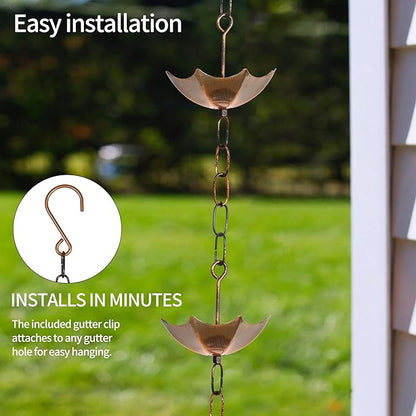 Topadorn 6ft Umbrella Shaped Rain Chain for Gutters Downspouts Outside, 8 Cups Rain Catcher Chain for Gutters, Adjustable Length Downspout Replacement, Outdoor Garden Rain Drainage Decor