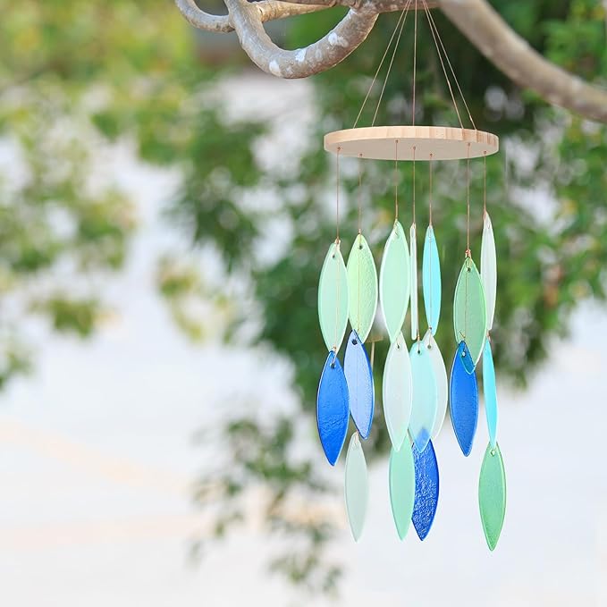 Wenqik Seaglass Wind Chimes Handcrafted Shell Wind Chimes Coastal Outdoor Decor for Indoor Outdoors Garden Home Housewarming Decor Beach Holiday Summer Women Gift, 26 Inch