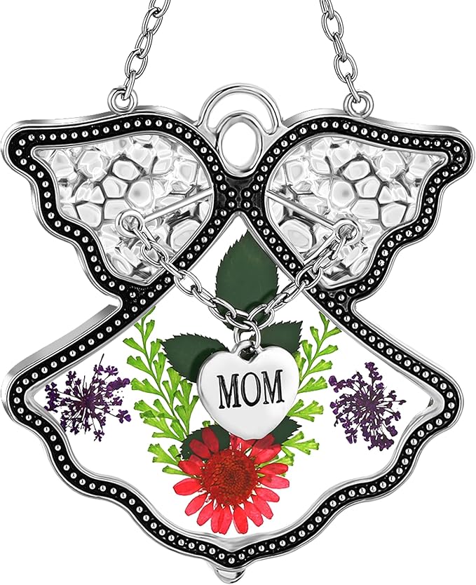 KY&BOSAM Angel Suncatcher Mom Stained Glass Suncatcehesr for Windows Hangings Wind Chime with Pressed Drived Real Flower and Metal Charm Gifts for Mom Mothers Day Valentine's Birthday Christmas Decor