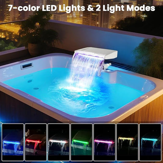 Pool Fountain Waterfall for Above Ground Pools with 7-Color LED Lights, Smooth Flowing Pool Waterfall for Outdoor Decor and Relaxation, Adjustable Width Fits Various Frame Pools (Led Light)