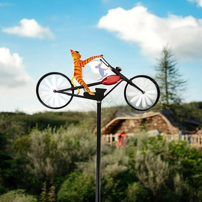 Vintage Cat Bicycle Wind Spinner, Funny Animal Riding Bike Metal Spinners Decoration Sculptures, Colorful Kinetic Pinwheels with Stakes for Yard Garden Lawn, Pet Pin Wheels Outdoor Decor