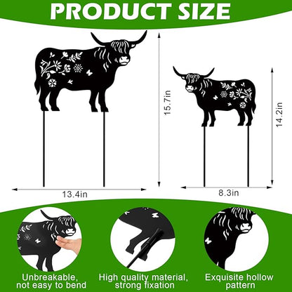 FoldTier 2 Pack Highland Cow Metal Garden Decor Highland Cow Garden Stakes Silhouette Statues Backyard Art Decorations for Christmas Decor, Outdoor Yard, Lawn, Home, Patio