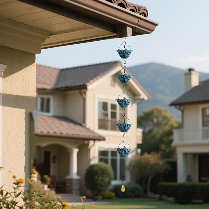 Rain Chain Gutter Downspout Catcher Outside Water Diverter Decorative Garden Rain Cups Chime Home Decor (Blue)