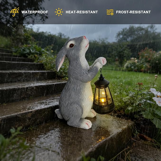 Solar Rabbit Garden Statue with Lights - Whimsical Solar Powered Bunny Figurine for Outdoor Decor, Auto On/Off Waterproof Patio, Yard, Lawn, Balcony Decorations, Unique Gift for Women & Mom