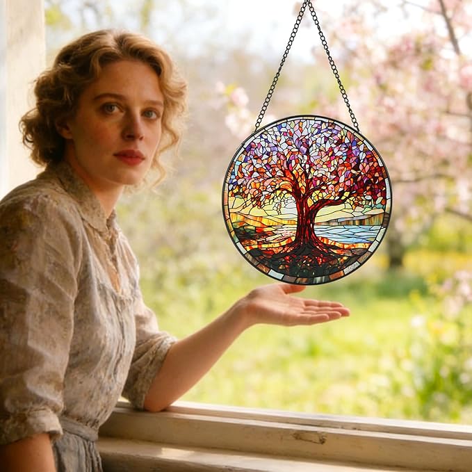 Stained Glass Window Hanging, 8 Inch Tree of Life Stained Glass Suncatchers for Indoor Windows Wall Kitchen Home Room Decor Ornaments Gifts for Women Mom Grandma Birthday Mother's Day