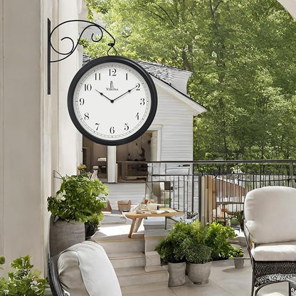 Large Metal Double Sided Wall Clock 13.4" - Decorative Indoor Outdoor Double Sided Clock - Easy to Read, Hanging Train Station Style for Patio, Garden, Office - Antique Style Outside Corner Wall Decor