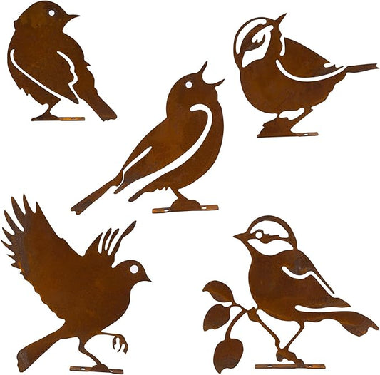 Framendino, 5 Pack Rusty Birds Decoration Metal Yard Art Bird Ornaments Decor for Fence Topper Garden Decorations