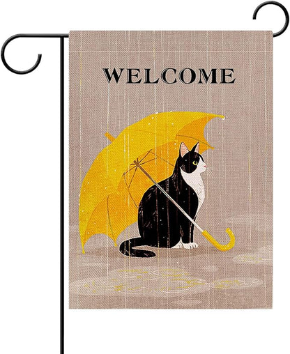 Dyrenson Welcome Spring Summer Tuxedo Cat Decorative Garden Flag, Pet Yellow Umbrella Yard Outside Home Decorations Cat Lover Gifts, Seasonal Burlap Outdoor Small Decor Double Sided 12 x 18