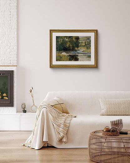ARPEOTCY Vintage Gold Framed Large Wall Art, Nature Streamside Retro Paintings, Canvas Prints Artwork with Antique Frame, Victorian Wall Pictures Decor for Living Room Gallery Room 16x20 inch