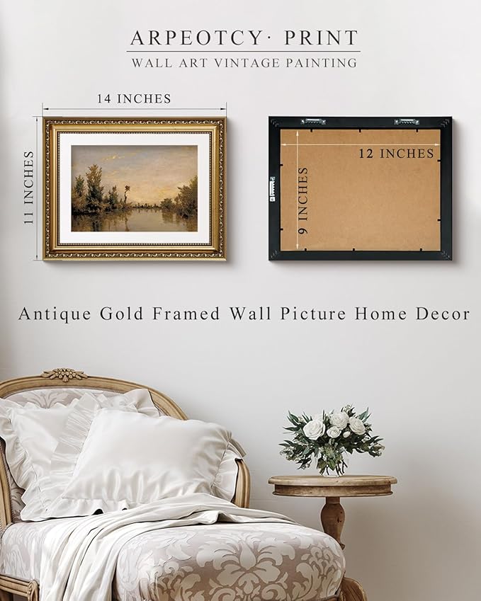 ARPEOTCY Vintage Gold Framed Wall Art, Rivers Cloud Landscape Paintings, Canvas Prints Artwork with Antique Frame, Victorian Wall Picture Decor for Living Room Bathroom Bedroom 11x14 inch