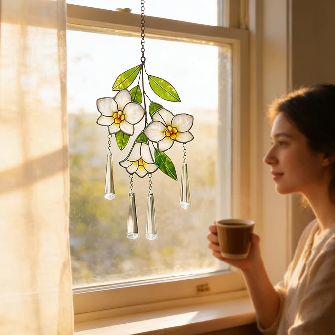 Stained Glass Flower Suncatcher for Window, Handmade Tropical Plumeria Hanging with Crystal Prisms, White Floral Window Decor, Sun Catcher Gift for Women & Plant Lovers