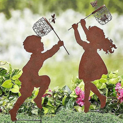 Lovely Boy Girl Silhouettes Chasing Butterfly Vintage Metal Garden Silhouette Sculpture, Yard Garden Metal Stake Rustic Garden Decor for Lawn Patio