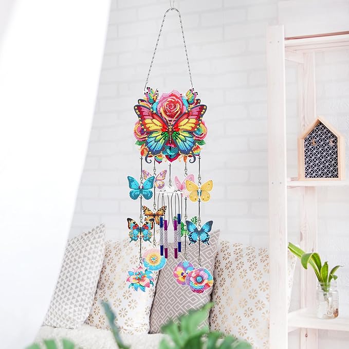DIY Wind Chime Pendant Spring 3D Diamond Art Painting Hanging Ornament Double Sided Diamond Suncatchers for Window Home Backyard Garden Wall Door Decor (Butterfly05)