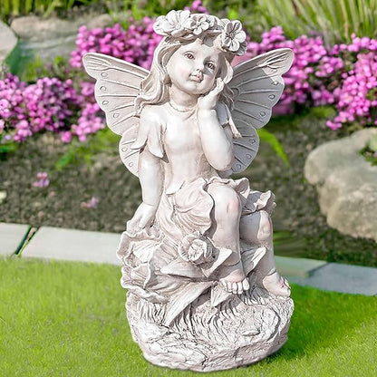 12.8" Outdoor Angel Fairy Statue for Garden – Resin Fairy Figurine, Weather-Resistant Yard Art Decor, Garden Angel Sculpture, Patio Lawn Ornament, Gift for Mom, Grandma, White Finish
