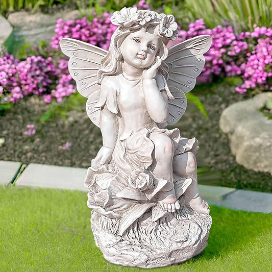 12.8" Outdoor Angel Fairy Statue for Garden – Resin Fairy Figurine, Weather-Resistant Yard Art Decor, Garden Angel Sculpture, Patio Lawn Ornament, Gift for Mom, Grandma, White Finish