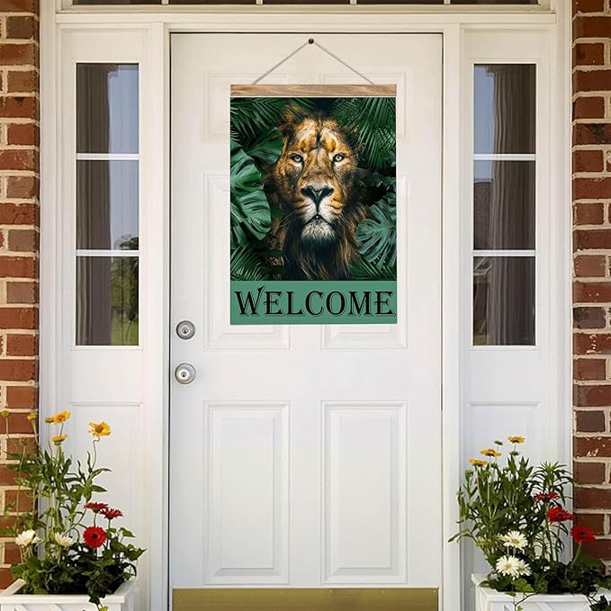 Mugod Lion Garden Flag 12.5x18" Double Sided for Outside, Jungle Animal Tropical Leaves Burlap Small Seasonal Yard Flag for Outdoor Decor