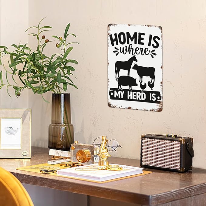 patio wall decor Home Is Where My Herd Iss metal signs Cafe Wall Decor for Home,Bathroom,Yard,Kitchen,Office,Cafe,Hotel Funny Quotes & Inspirational Life Sayings 8X12inch
