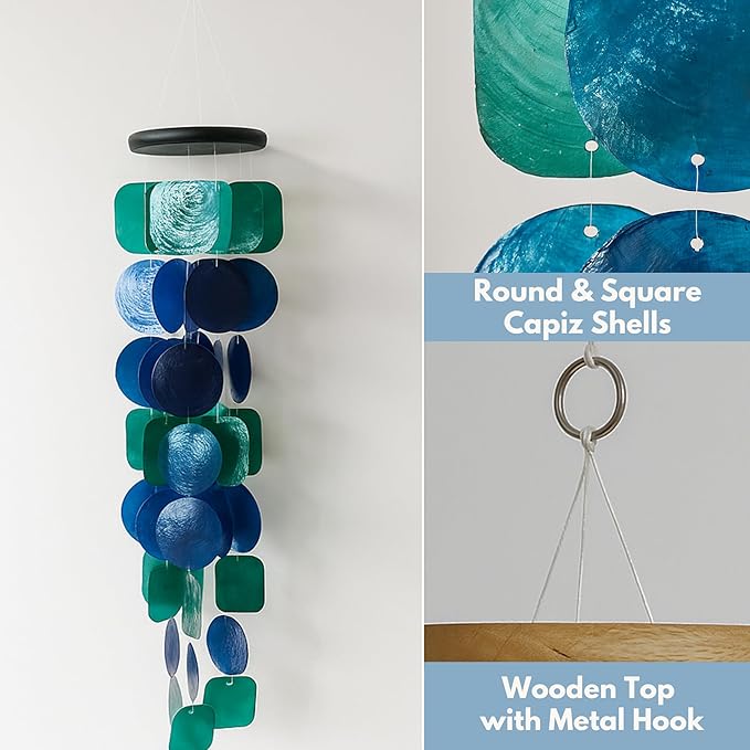 Solange & Frances Capiz Shells Wind Chimes for Outside. Patio Decor, Garden Decor Windchimes Outdoors. Unique Birthday Gifts for Women, Gift for Women Ideas (Peacock)