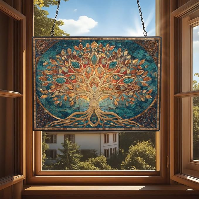 Rectangle Mosaic Sacred Geometry Tree of Life Stained Glass Suncatcher Window Hangings, Suncatchers Colorful Glass Panel Sun Catchers Gifts, Decoration for Home Garden Christmas Party