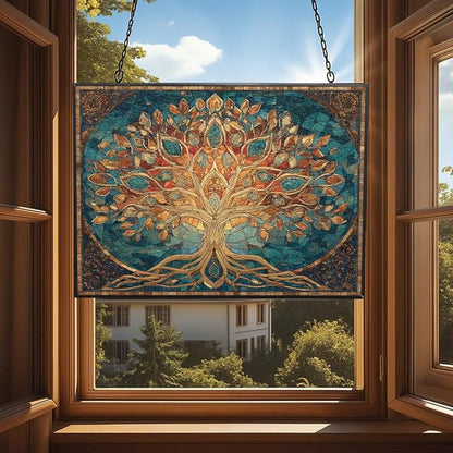 Rectangle Mosaic Sacred Geometry Tree of Life Stained Glass Suncatcher Window Hangings, Suncatchers Colorful Glass Panel Sun Catchers Gifts, Decoration for Home Garden Christmas Party