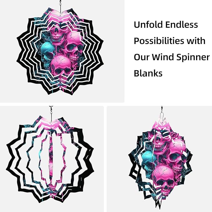 8 Inch Sublimation Wind Spinner, 3D Aluminum Metal Wind Spinner with Hook, Indoor Yard Garden Hanging Decoration, Weather Resistant Rotating Spiral Ornament, Neon Color Skulls