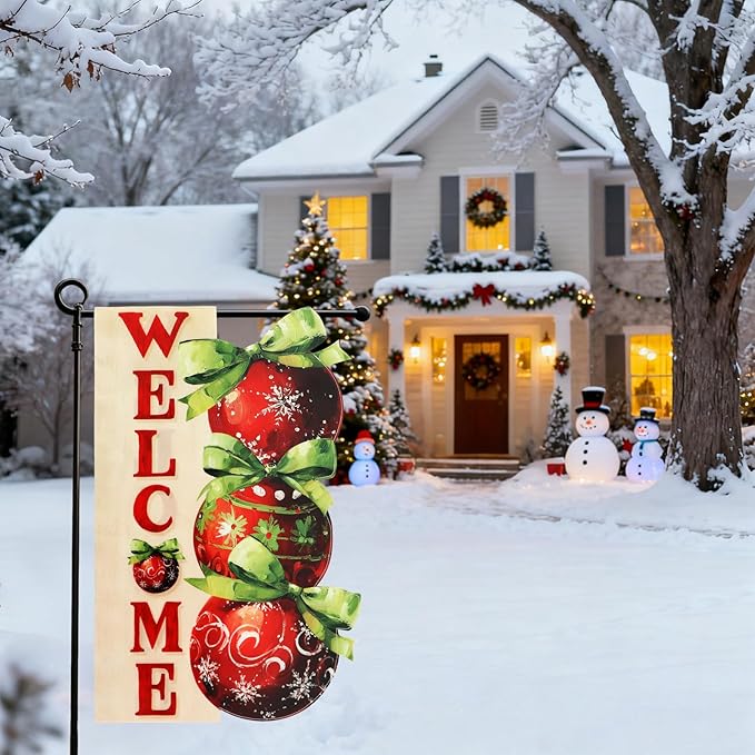 Christmas Garden Flags 12x18 Inch Double Sided, Xmas Ball Ornament Welcome Yard Flag for Outside, Winter Seasonal Outdoor Decoration Farmhouse Front Porch Holiday Decor