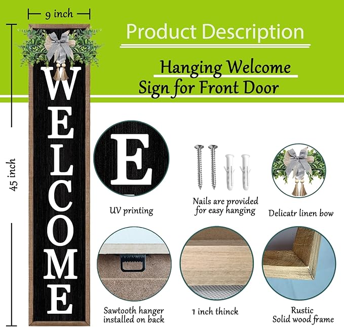 flowtorely Outdoor Welcome Sign for Front Porch Standing 45"×9" Tall Wood Frame Vertical Leaner farmhouse Outside Rustic Large Welcome Sign for Front Door Home Decorations (Wood)
