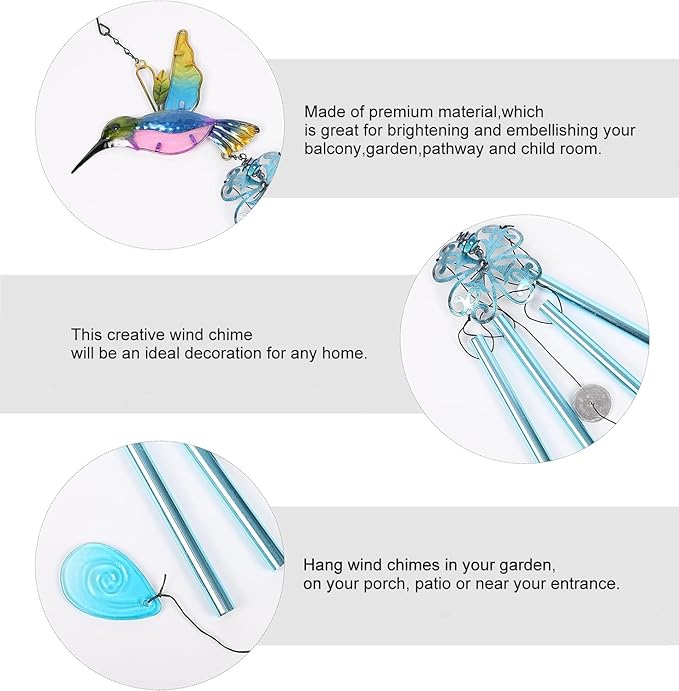 Wind Chimes Hummingbird, Garden Wind Chime for Home, Party, Festival Decor, Glass Garden Patio Yard Porch Decoration Indoor/Outside, Lifelike Hummingbird Deep Tone Style