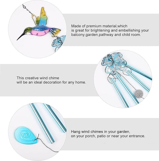 Wind Chimes Hummingbird, Garden Wind Chime for Home, Party, Festival Decor, Glass Garden Patio Yard Porch Decoration Indoor/Outside, Lifelike Hummingbird Deep Tone Style