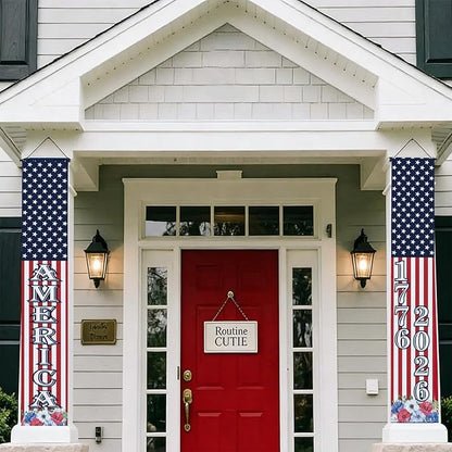 4th of July Decorations Outdoor - 2 Pack 250th Anniversary Patriotic Porch Banners with 6 USA Hand Flags, 1776-2026 Semiquincentennial Hanging Sign Set for Independence Day Party, Balcony Fence Garden Wall Decor