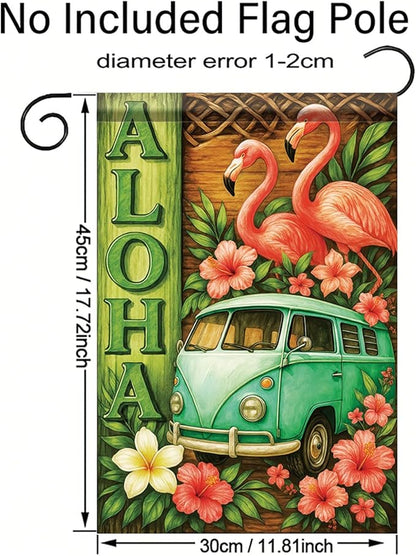 Summer Garden Flag 12x18 Inch Aloha Flamingo Vintage Van Tropical Hibiscus Floral Island Style Outdoor Yard Porch Lawn for Seasonal Coastal Boho Home Decor