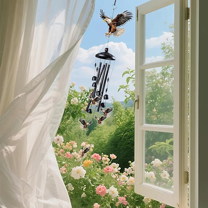 Eagle Wind Chimes for Outside, Black Metal Acrylic Windchimes Outdoors, Eagle Gifts for Women Men, Garden Yard Decor, Memorial/Birthday Gifts for Grandma Mom, Durable Chimes for Outdoors