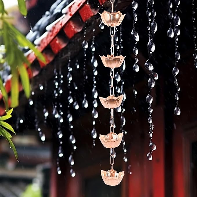 Rain Catcher Chain, 1M Copper Vintage Hanging Rain Chain Rainwater Catcher Outdoor Hanging Accessories for Yard Garden Temple (Flower Shaped)