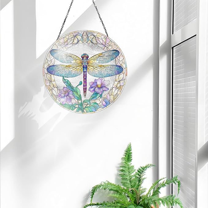 Bimkole Dragonfly Stained Glass Suncatcher Window Hanging - Flower Indoor Window or Doorway Decoration - Handmade Sun Catcher Decor for Garden Home Christmas & Birthday Gifts 7.87x7.87 inch