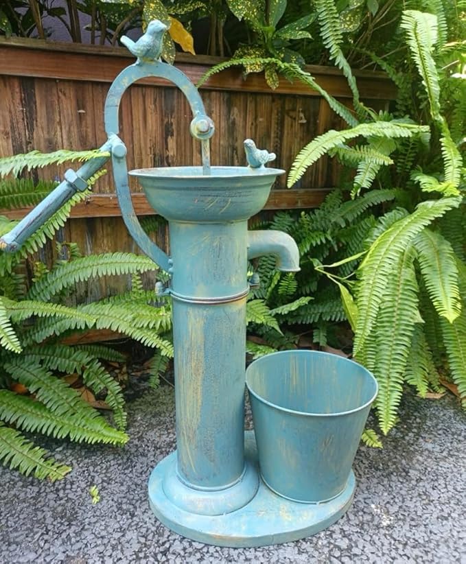 Vintage Garden Water Pump Decor, Rustic Wrought Iron Bird Bath, Red, Blue, White, Rust, Outdoor Yard Decor, Height 22 Inches (Blue)