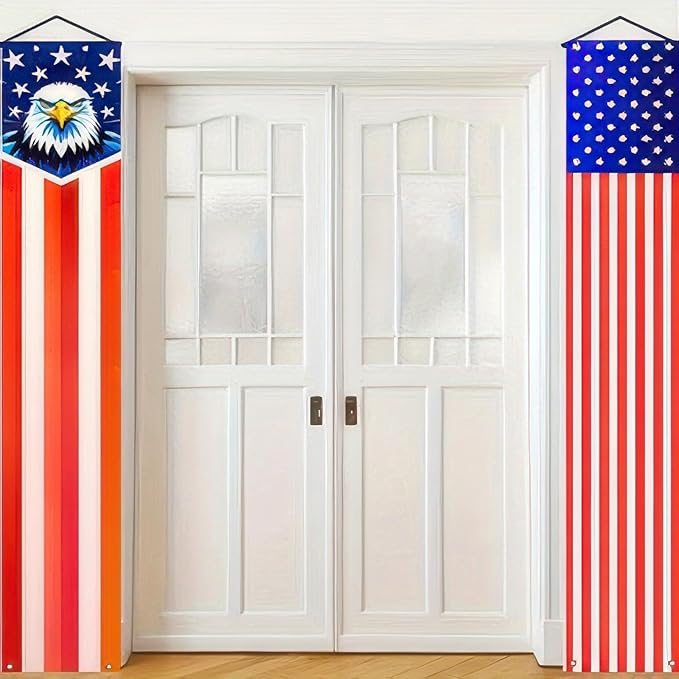 BlissYard 4th of July Decorations 2Pcs Patriotic Decor Door Banner American Flag Banner USA Independence Banners Hanging Porch Signs for Memorial Day Veterans Day Labor Days for Yard Indoor Outdoor Supplies