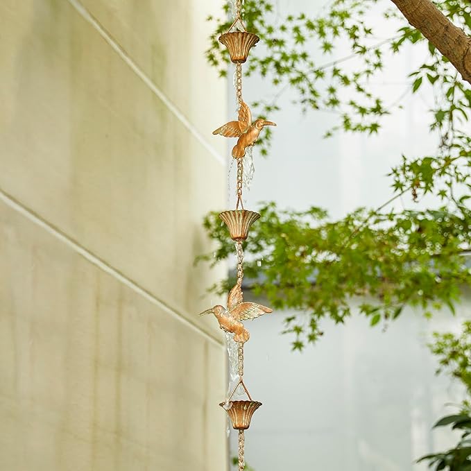 Glitzhome 8.5 FT Bird and Cup Rain Chains, Faux Copper Patina Finish Rain Chains for Gutters, Adjustable Rain Catcher Chain with V-Shaped Gutter