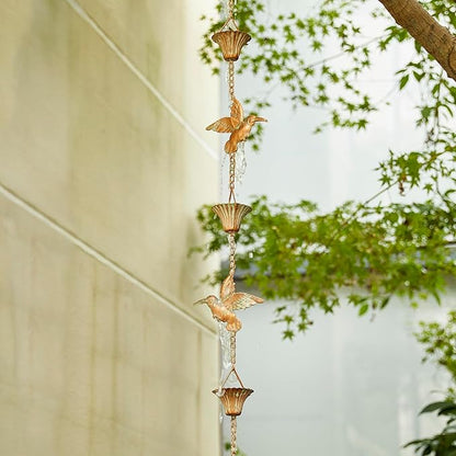 Glitzhome 8.5 FT Bird and Cup Rain Chains, Faux Copper Patina Finish Rain Chains for Gutters, Adjustable Rain Catcher Chain with V-Shaped Gutter