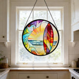 Coastal Sunrise Stained Glass Window Hanging - 9.8In Surf & Ocean Suncatcher, Beachy Home Decor for Windows, Porches & Living Rooms, Suncatcher Decor Gift for Women, Men