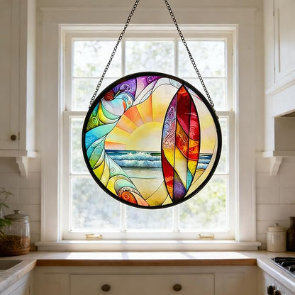 Coastal Sunrise Stained Glass Window Hanging - 9.8In Surf & Ocean Suncatcher, Beachy Home Decor for Windows, Porches & Living Rooms, Suncatcher Decor Gift for Women, Men