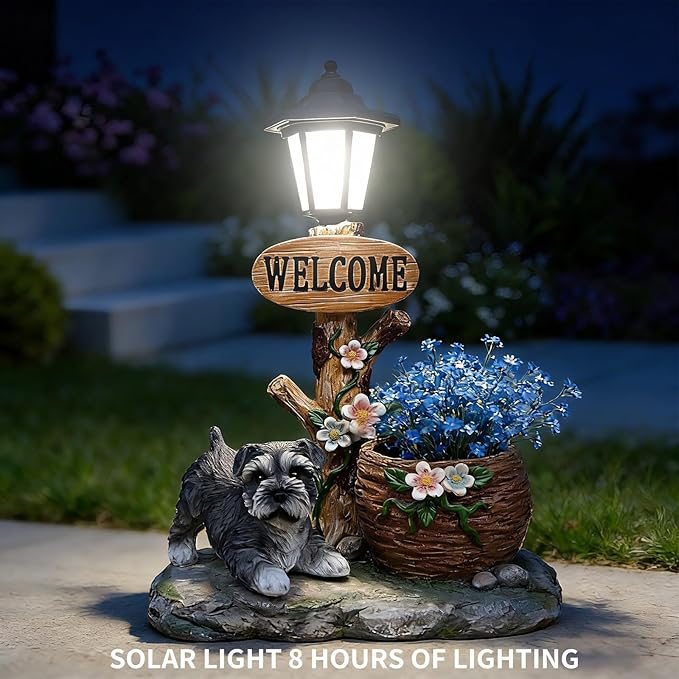 Solar Garden Statue with Planter & Solar Lantern, Outdoor Resin Animal Sculpture, Waterproof Yard Lawn Decor Pot for Succulents, Front Porch Ornament Housewarming Gift (Miniature Schnauzer)