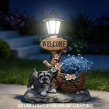 Solar Garden Statue with Planter & Solar Lantern, Outdoor Resin Animal Sculpture, Waterproof Yard Lawn Decor Pot for Succulents, Front Porch Ornament Housewarming Gift (Miniature Schnauzer)
