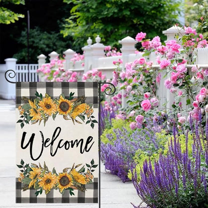 LARMOY Spring Welcome Garden Flag for Outdoor,12×18 Double Sided Black and White Buffalo Plaid with Sunflowers,Small Yard Flags for Summer All Seasons,Seasonal Farmhouse Outside Holiday Decor