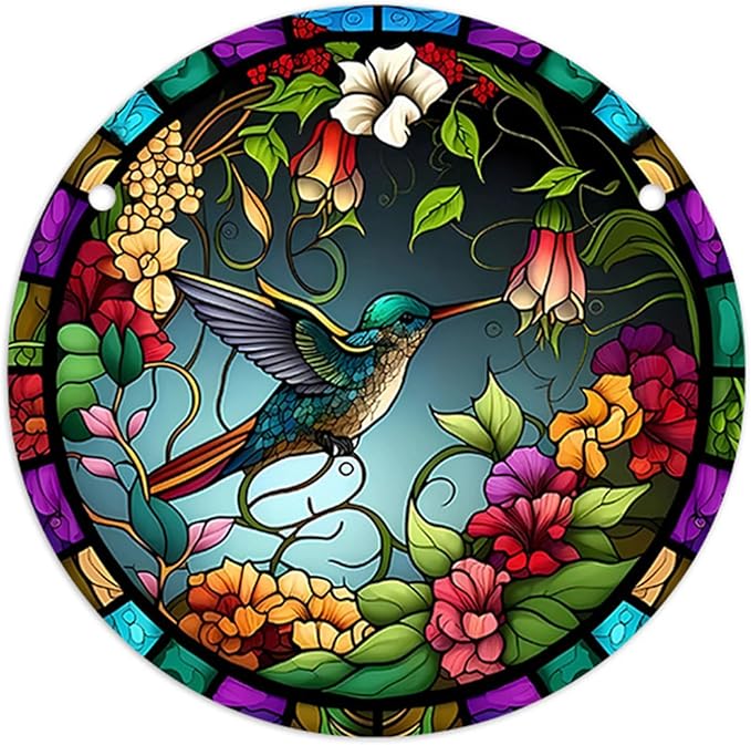 Stained Glass Window Hanging,Paint Bird Flower Suncatcher Diamond Glass Panel Bird Sun Catchers Decor for Birthday for Women, Men, Wife, Aunt, and Friends 5.9x5.9 in