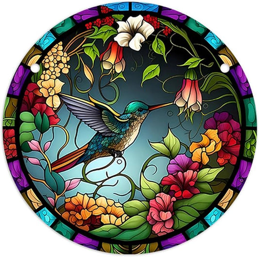 Stained Glass Window Hanging,Paint Bird Flower Suncatcher Diamond Glass Panel Bird Sun Catchers Decor for Birthday for Women, Men, Wife, Aunt, and Friends 5.9x5.9 in
