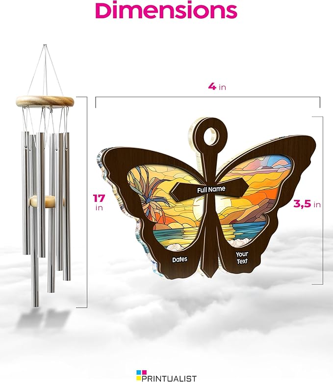 Personalized Sympathy Suncatcher Wind Chimes for Loss of Loved One, 17 Inches, Butterfly - Add Custom Text - Metal Tubes and Suncatcher