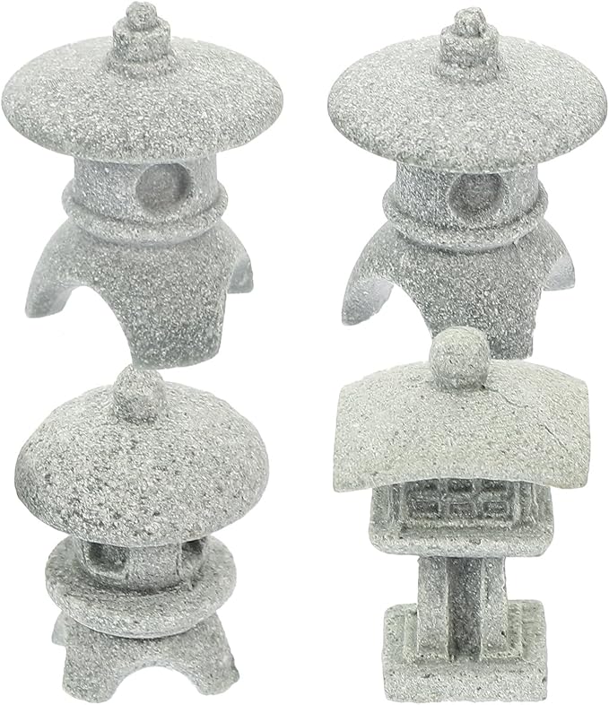 Didiseaon 4pcs Mini Pagoda Statues, Japanese Sandstone Lantern Bonsai Decor, Micro Landscape Aquarium Fish Tank Ornaments