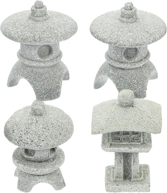 Didiseaon 4pcs Mini Pagoda Statues, Japanese Sandstone Lantern Bonsai Decor, Micro Landscape Aquarium Fish Tank Ornaments