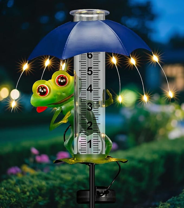 Rain Gauge Outdoor, Frog Rain Gauges with LED Solar Lights Yard Decoration, Metal Yard Art Garden Statues Frog Gifts for Women, Funny Rain Gauge Outdoor Decorative for Patio Garden Decor